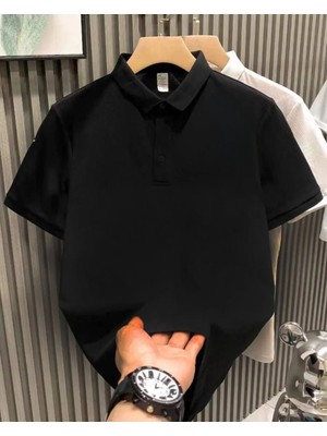 Giyim Center Erkek Yakası Düğmeli Pike Kumaş  Düz Kısa Kol T-Shirt - Siyah
