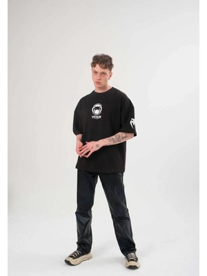 Giyim Center Erkek Bisiklet Yaka Baskılı  Kısa Kol Oversize T-Shirt - Siyah