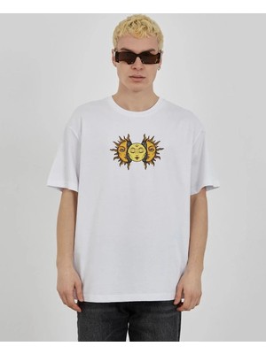 Giyim Center Erkek  Bisiklet Yaka Baskılı Oversize T-Shirt - Beyaz