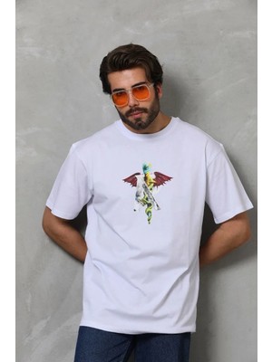 Giyim Center Erkek Bisiklet Yaka Baskılı Oversize - Beyaz