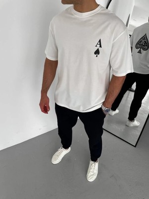 Giyim Center Erkek  Bisiklet Yaka Baskılı Oversize T-Shirt - Beyaz