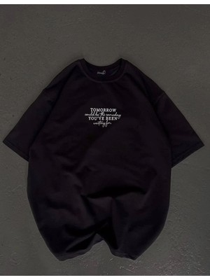 Giyim Center Kadın Bisiklet Yaka Baskılı Oversize T-Shirt - Siyah