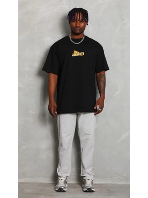 Giyim Center Erkek Bisiklet Yaka Baskılı Oversize T-Shirt - Siyah