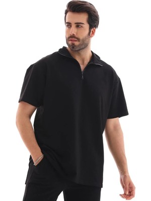 Giyim Center Erkek Yarım Fermuarlı Düz Oversize T-Shirt - Siyah