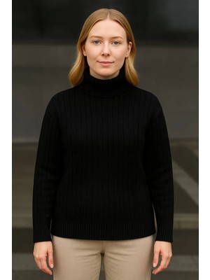 Giyim Center Kadın Balıkcı Yaka Bağazlı Triko Kazak Pamuklu Kalın Fitilli Dokuma - Siyah