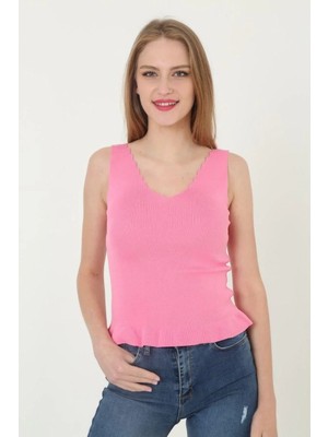 Giyim Center Kadın V Yaka Fırfır Detay Crop - Pembe