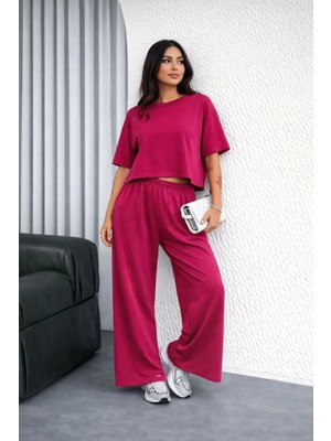 Giyim Center Kadın Osy Modal Yumuşak Dokulu Oversize Ikili Takım Bol Paça Pantolonlu Takım - Fuşya