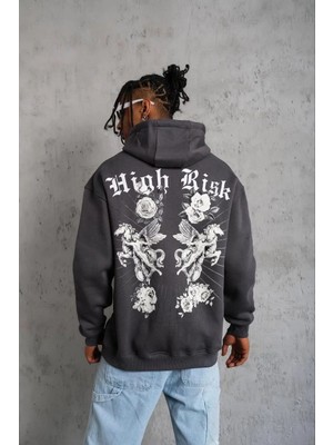 Giyim Center Erkek Baskılı Kapşonlu Üç Iplik Pamuklu Sweatshirt - Füme