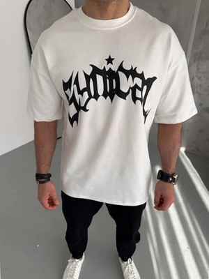 Giyim Center Erkek Bisiklet Yaka Baskılı  Kısa Kol T-Shirt - Beyaz