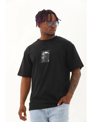 Giyim Center Erkek Kısa Kol Oversize Baskılı Bisiklet Yaka T-Shirt - Siyah