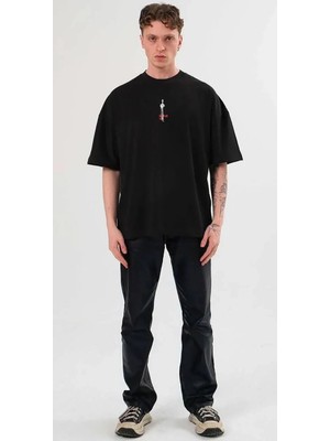 Giyim Center Erkek  Bisiklet Yaka Baskılı Oversize T-Shirt - Siyah