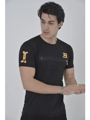 Giyim Center Erkek Göğüs Fermuarlı Baskılı T-Shirt - Siyah