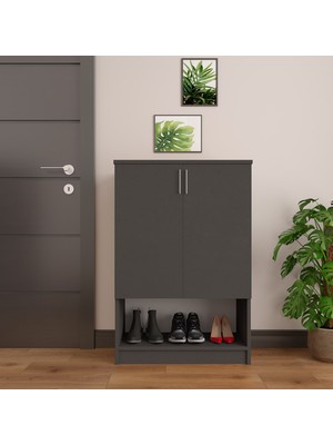 Asra Trend MDF Koyu Gri 2 Kapaklı Ayakkabılık - 4 Raflı, Modern, Düzenleyici, Çok Amaçlı Dolap, A-08