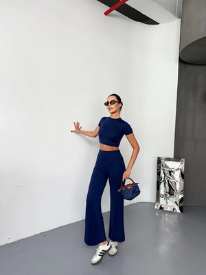 Giyim Center Kadın Osy Modal Yumuşak Kumaş Kısa Kollu Crop Alt Ispanyol Paça Pantalon Ikili Takım - Lacivert