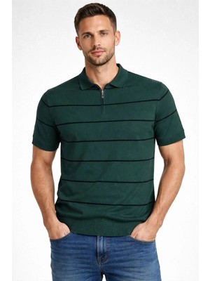 Giyim Center Erkek T-Shirt Çizgili Triko Dokuma Kumaş Polo Yaka Fermuarlı Regular Kalıp Tişört - Çağla Yeşili