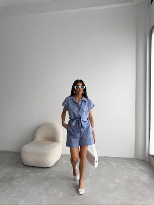 Amara Boutique Keten Bağlamalı Kolsuz Gömlek - Duble Paça Şort Takım - Lacivert