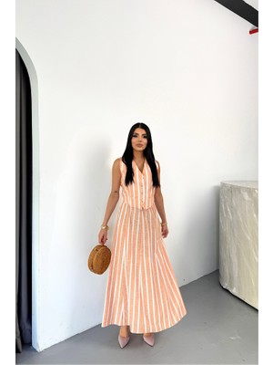 Amara Boutique Keten Çizgili Yelek - Uzun Etek Takım - Orange