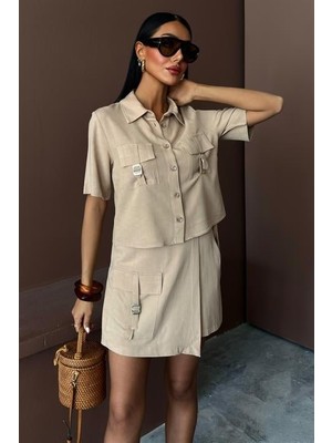 Amara Boutique Gömlek Şort Etek Viscon Keten Takım 10162