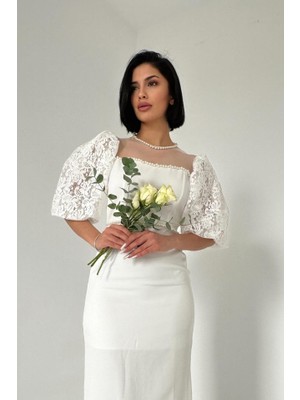 Amara Boutique Ekru Incili Tül Detay Elbise