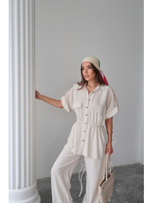Amara Boutique Keten Belden Büzgü Detaylı Gömlek - Pantolon Takım - Taş
