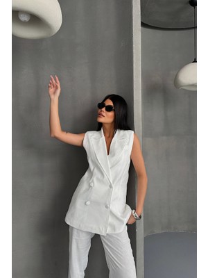 Amara Boutique Jakar Kumaş Yelek - Pantolon Takım - Beyaz