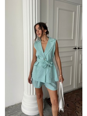 Amara Boutique Keten Yelek - Şort Takım - Mint