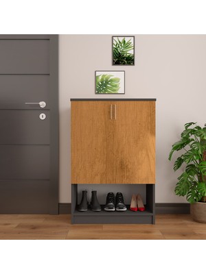 Asra Trend MDF Koyu Gri/Petra 2 Kapaklı Ayakkabılık - 4 Raflı Modern Düzenleyici Dolap A-09