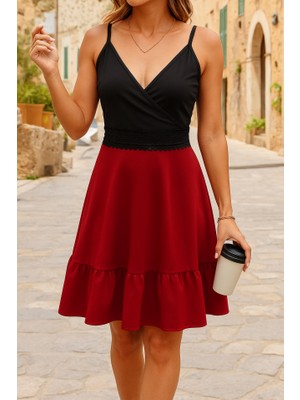 Amara Boutique Kadın Ip Askılı Kruvaze Yaka Bel Dantel Ithal Krep Elbise