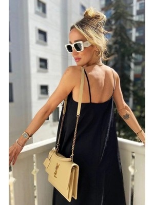 Amara Boutique Kadın Ip Askılı V Yakalı Uzun Aerobin Elbise