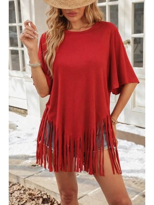 Amara Boutique Kadın Kısa Kollu Bisiklet Yaka Püsküllü Viskon Bluz