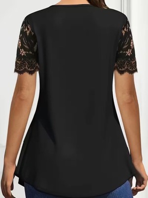 Amara Boutique Kadın Kısa Kollu V Dantel Yakalı Düğmeli Viskon Bluz