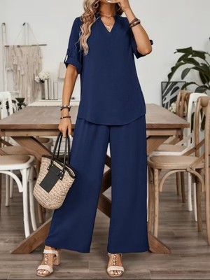 Amara Boutique Kadın Kısa Kollu V Yakalı Aerobin Bluz ve Pantolon Ikili Takım