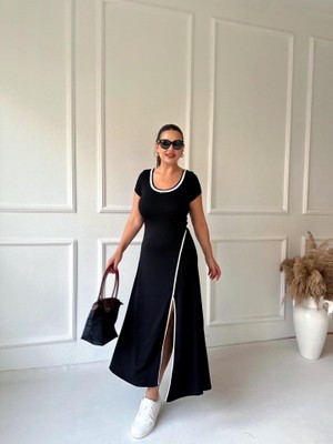 Amara Boutique Kadın Yuvarlak Ribana Yaka Beyaz Yırtmaç Detaylı Viskon Tam Boy Elbise