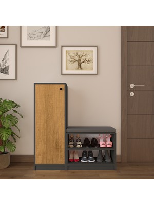 Asra Trend MDF Antrasit/Petra Ayakkabılık - 6 Raflı, Puflu, Tek Kapaklı, Çok Amaçlı Dolap, A-19