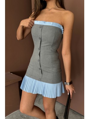 Amara Boutique Straplez Polviskon Elbise Mavi Fırfır Detaylı - Gri