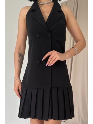 Amara Boutique Siyah Sırtı Açık Ceket Yakalı Elbise
