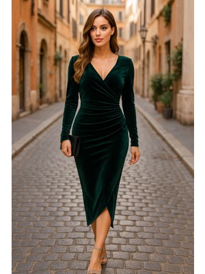 Amara Boutique Kadın Uzun Kollu Kruvaze Yaka Belden Büzgü Detay Midi Kadife Elbise