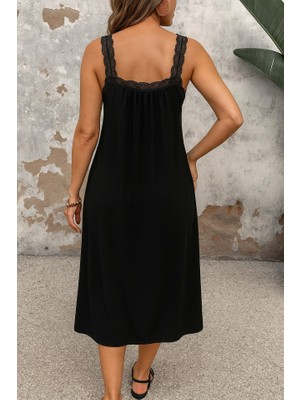 Amara Boutique Kadın Dantel Askılı Kare Yakalı Uzun Viskon Elbise