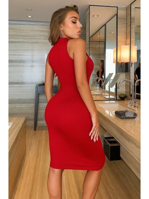 Amara Boutique Kadın Omuzlardan Açık Bisiklet Yaka Janjan Krep Elbise