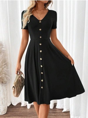 Amara Boutique Kadın Kısa Kollu V Yakalı Önden Düğmeli A Kesim Dokuma Elbise