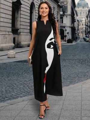 Amara Boutique Kadın Sıfır Kol V Yakalı Kadın Yüz Desenli Süprem Elbise