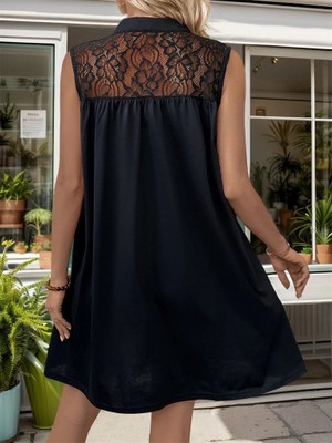 Amara Boutique Kadın Kolsuz V Hakim Yaka Dantelli Janjan Krep Elbise