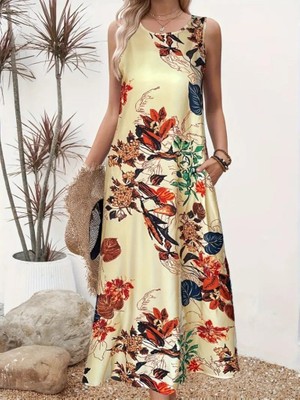Amara Boutique Kadın Askılı Yuvarlak Yaka Cepli Desenli Süprem Elbise