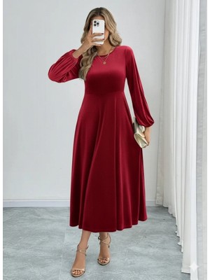 Amara Boutique Kadın Uzun Kollu Bisiklet Yaka Midi Kadife Elbise