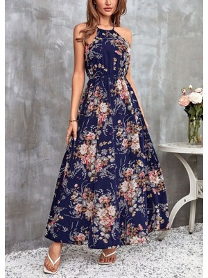 Amara Boutique Kadın Açık Omuz Halter Yaka Beli Lastikli Büzgü Detay Önden Yırtmaçlı Çiçek Desenli Süprem Elbise