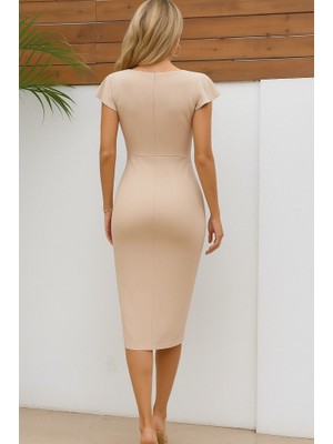 Amara Boutique Kadın Kısa Kollu Kalp Yaka Yanlardan Büzgü Detay Midi Ithal Krep Elbise