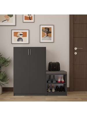 Asra Trend MDF Koyu Gri Ayakkabılık - 6 Raflı, Puflu, 2 Kapaklı, Geniş, Çok Amaçlı Dolap, A-28