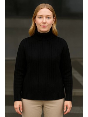 Amara Boutique Balıkcı Yaka Bağazlı Triko Kazak Pamuklu Kalın Fitilli Dokuma - Siyah