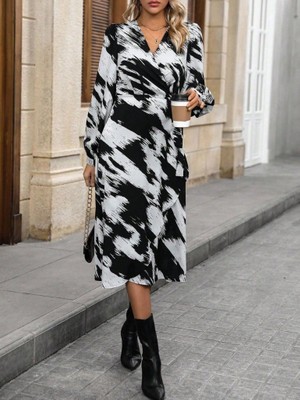 Amara Boutique Kadın Uzun Kollu Kruvaze Yakalı Yandan Bağlamalı Desenli Mini Modal Elbise