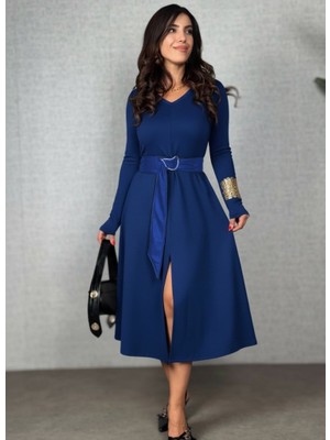 Amara Boutique Kadın Uzun Kollu Yakalı Belden Deri Detaylı Kuşaklı Yırtmaçlı Midi Viskon Iki Iplik Elbise